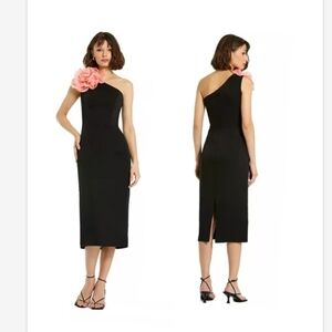 NWT Mac Duggal Women's Crepe One Shoulder Flower Detail Midi Dress SZ 4, 8 20933